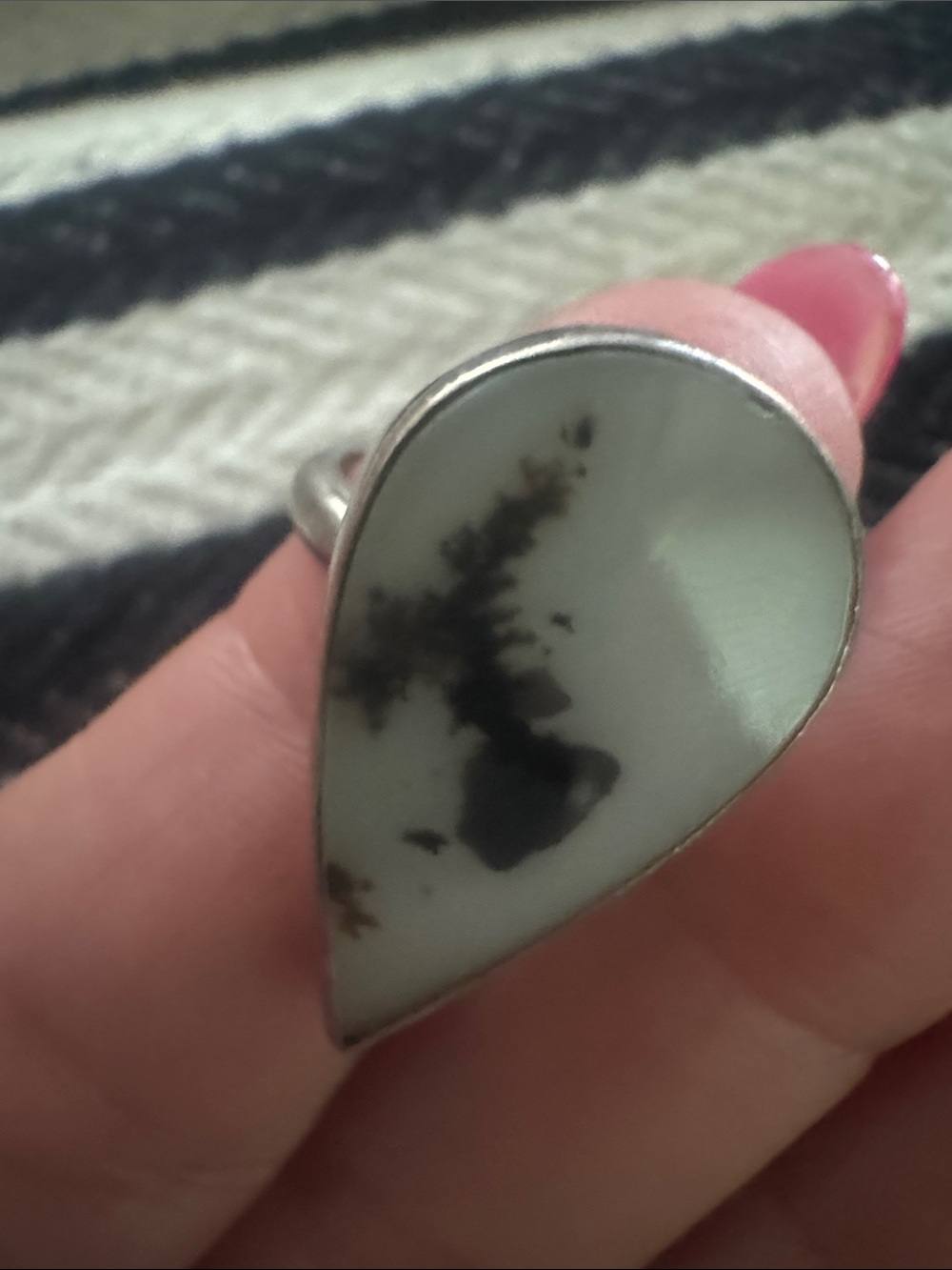 Sterling Silver Teardrop Dendritic Opal Ring - White and Black